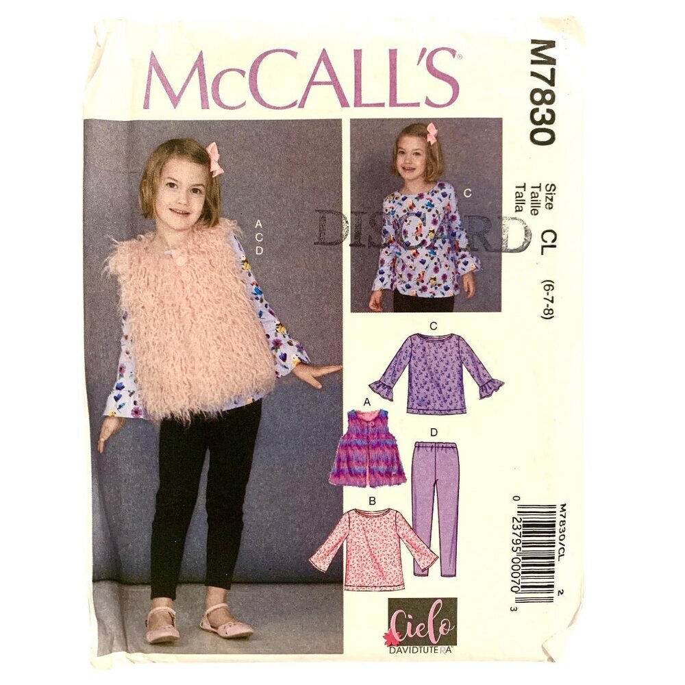 McCall's M7830 Pattern Girl's Tunic Tops Vest Leggings Uncut Size 6 7 8